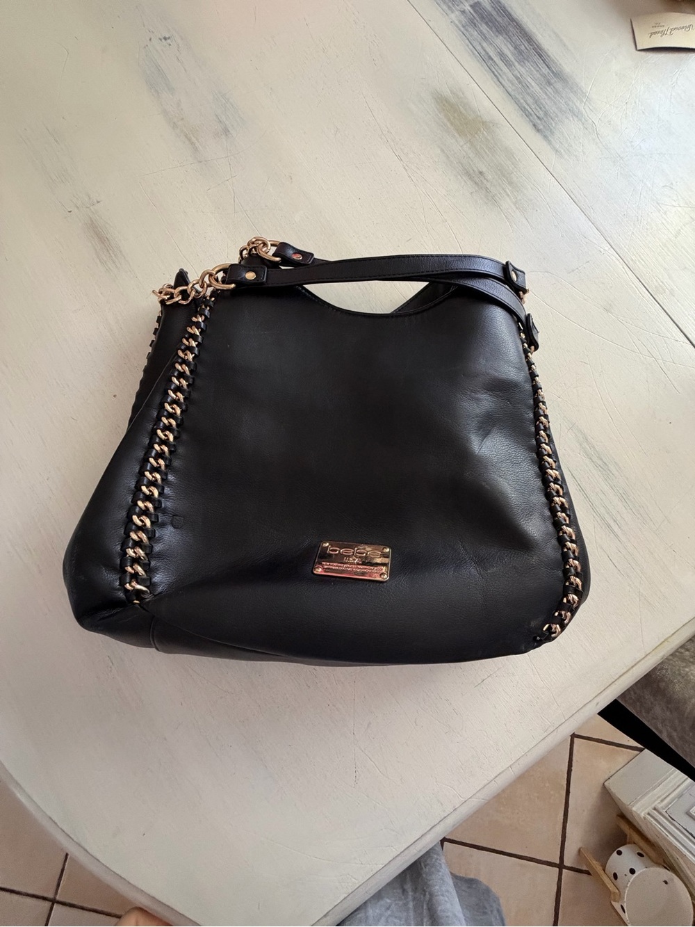 BEBE Black Chain-Trim Leather Shoulder Bag